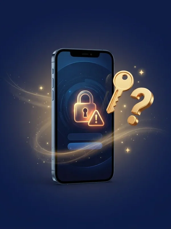 Xəbərdarlıq işarəsi, qızıl açar və sual işarəsi ilə kilidlənmiş Mostbet giriş ekranı göstərən smartfon