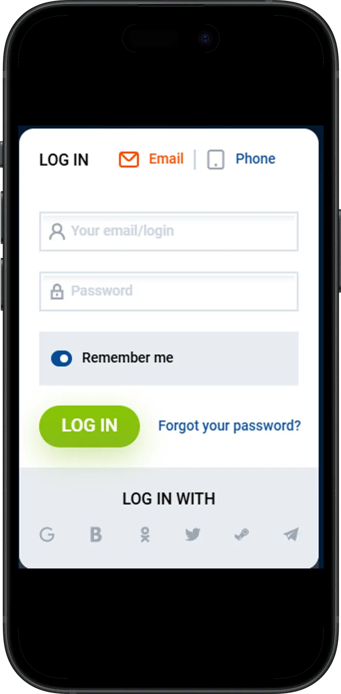 Mostbet rasmiy saytining mobil versiyasidagi kirish formasi: e-mail yoki telefon, parol va tiklash havolasi