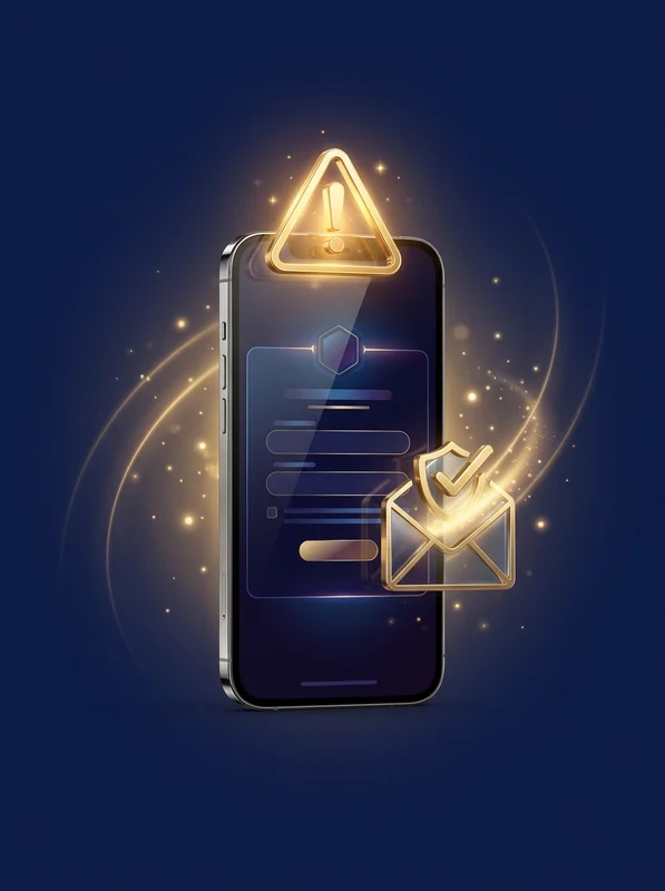 Смартфон с формой регистрации Mostbet, золотым предупреждающим знаком и конвертом с кодом подтверждения