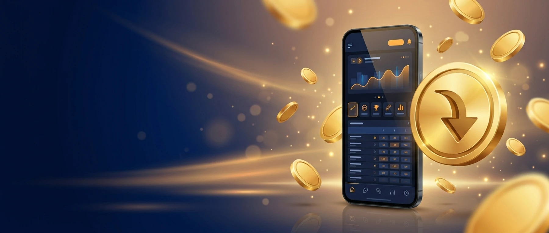 Smartfonda rasmiy Mostbet ilovasi, oltin yuklab olish belgisi va tangalar